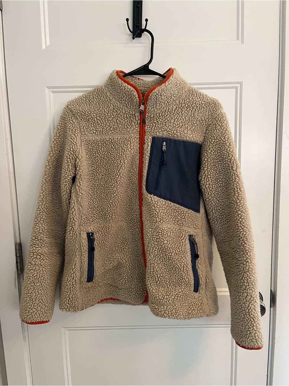 Eddie Bauer Cream Sherpa Jacket with Navy Pocket and Orange Trim